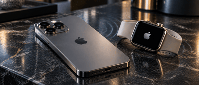 An Apple iPhone with triple-camera lenses lies next to an Apple Watch with a white band on a marble surface.
