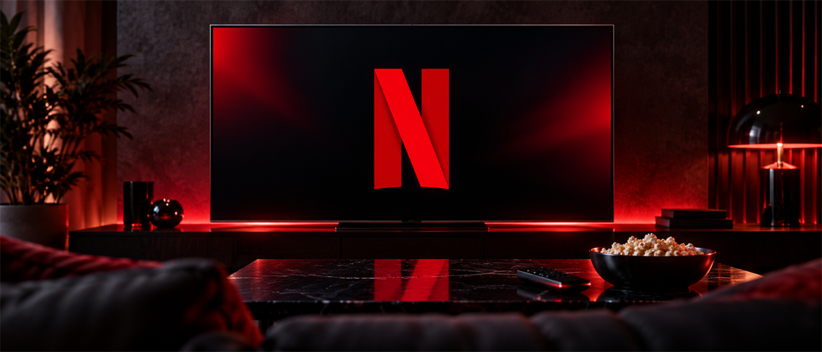 Television displaying the Netflix logo in a dark living room with a coffee table, popcorn bowl, and remote.