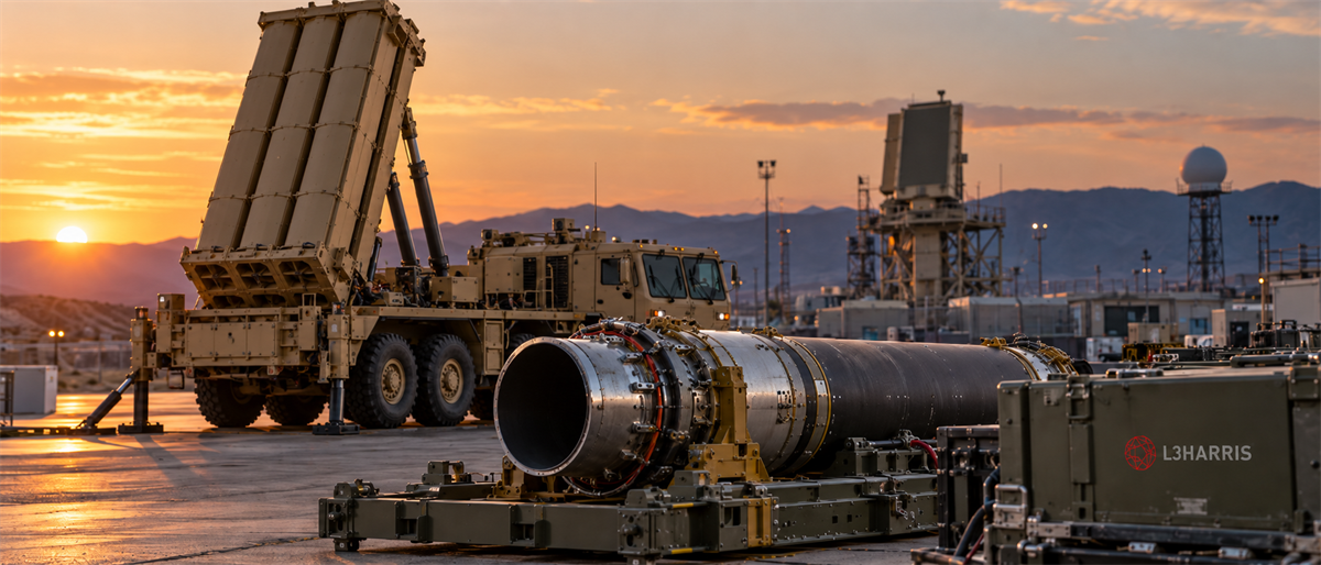 Military missile launcher and radar equipment at sunset with L3Harris branded container in foreground.