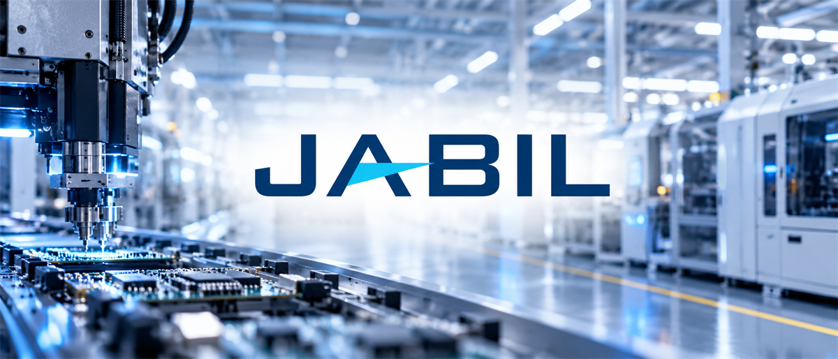 Jabil logo displayed over an electronics manufacturing facility with automated assembly equipment and circuit boards.