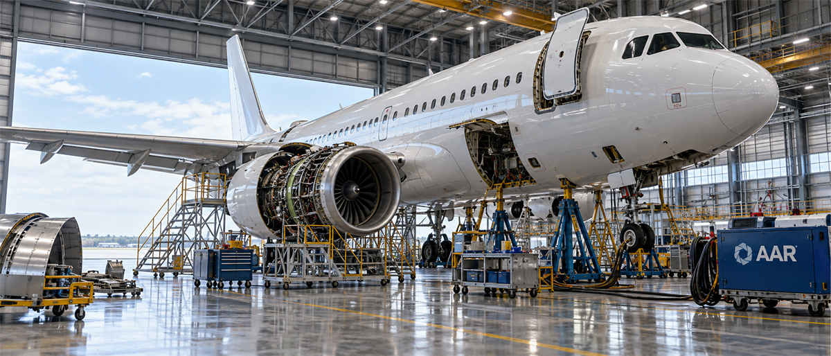 Commercial airplane undergoing maintenance in a hangar with exposed engine, surrounded by equipment bearing the AAR logo.