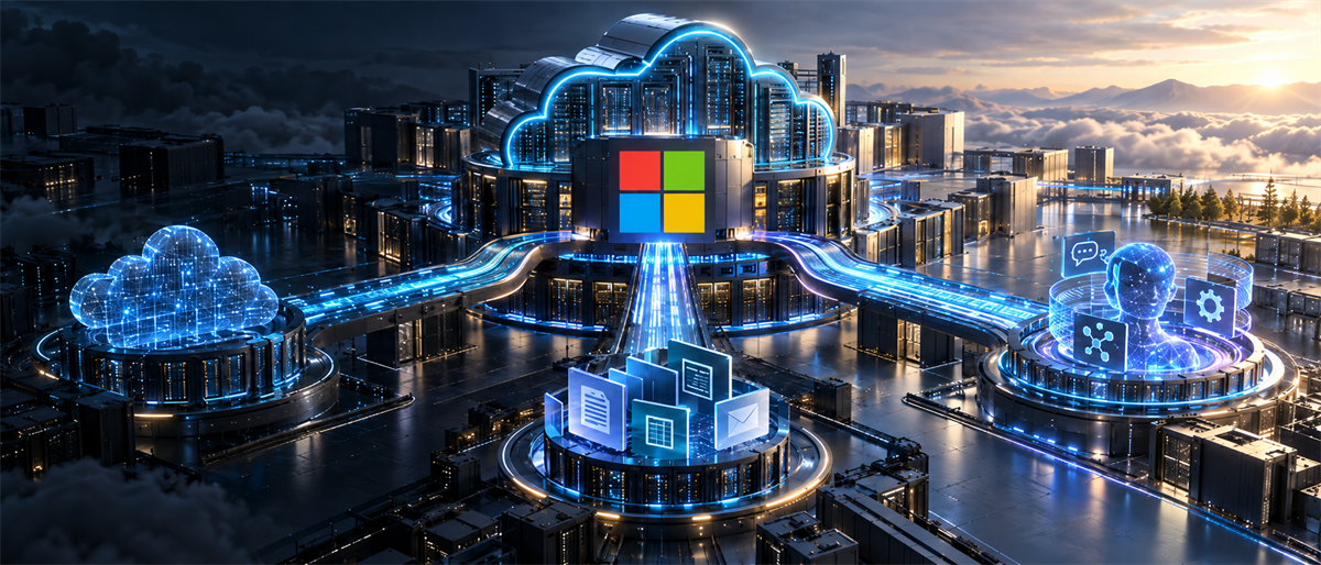 Illustration of the Microsoft logo atop a glowing digital data center and cloud computing network with connected icons.