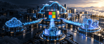 Illustration of the Microsoft logo atop a glowing digital data center and cloud computing network with connected icons.