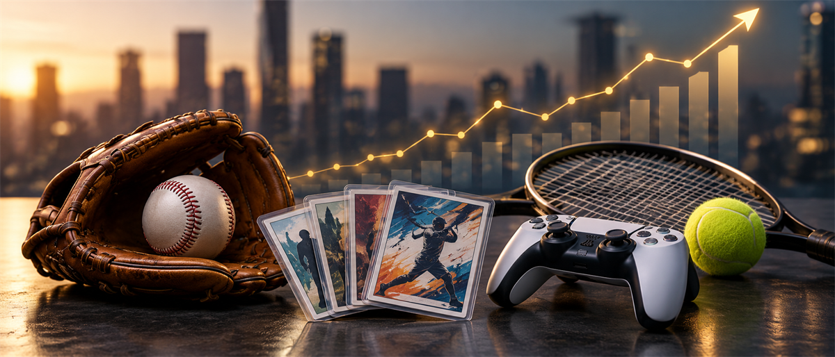 Baseball glove, trading cards, game controller, and tennis racket displayed with an upward stock chart and city skyline.