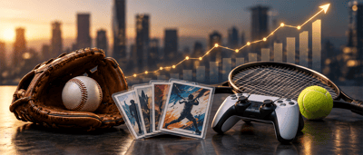 Baseball glove, trading cards, game controller, and tennis racket displayed with an upward stock chart and city skyline.