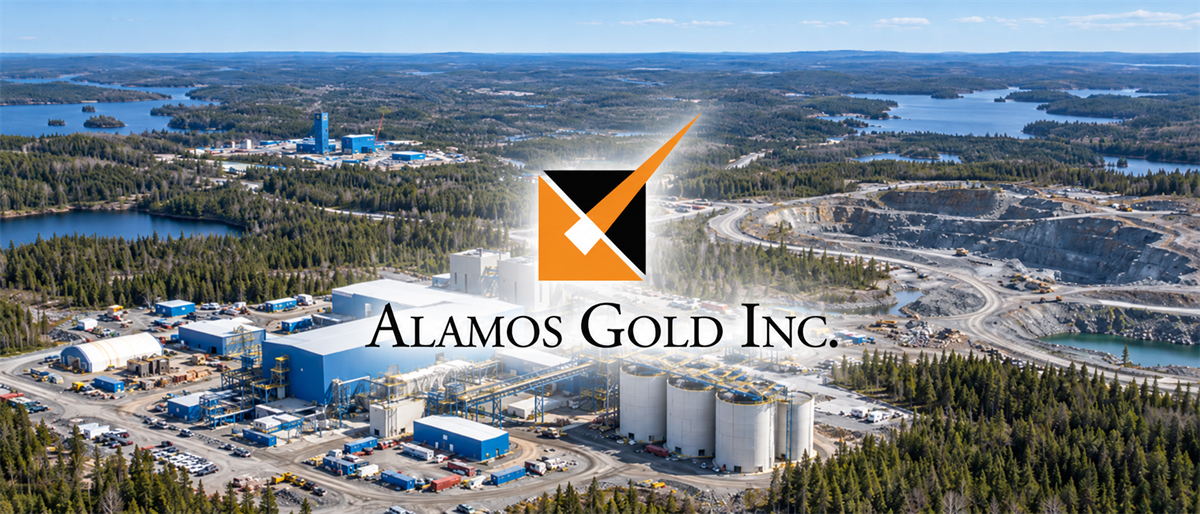 Alamos Gold Inc. logo overlaid on an aerial view of a mining facility with an open-pit mine and forested lakes.
