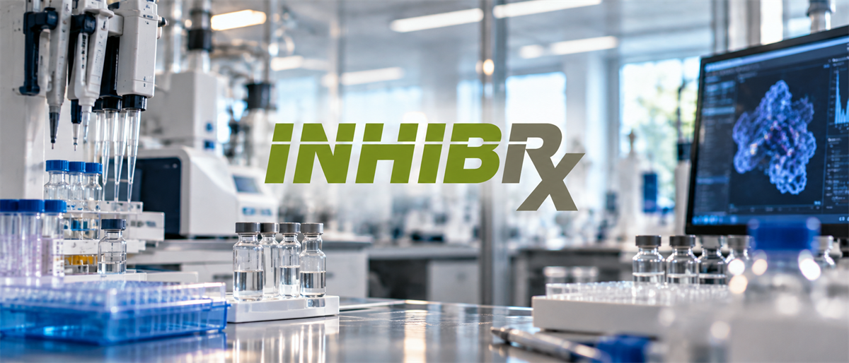 Inhibrx logo overlaid on a laboratory scene with vials, pipettes, and a computer screen showing a protein model.