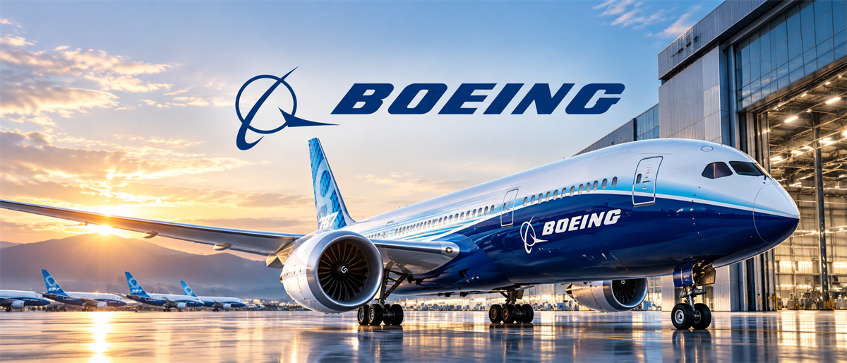 Boeing 787 aircraft parked near a hangar at sunset with the Boeing logo displayed above.