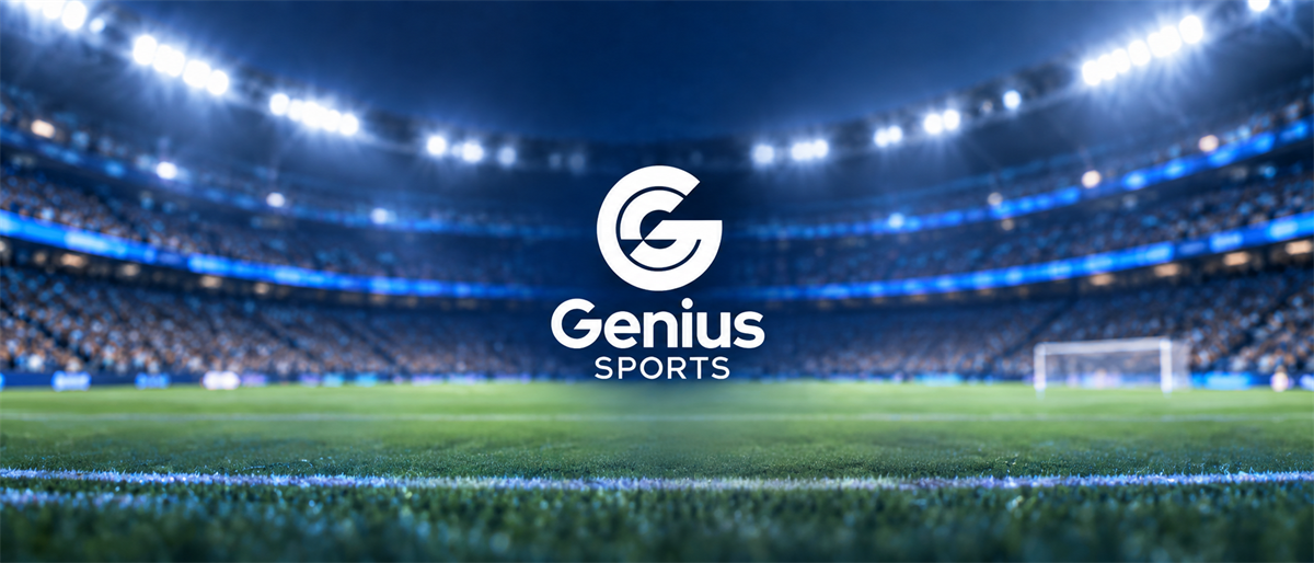 Genius Sports logo displayed over a soccer stadium field with stands and floodlights in the background.