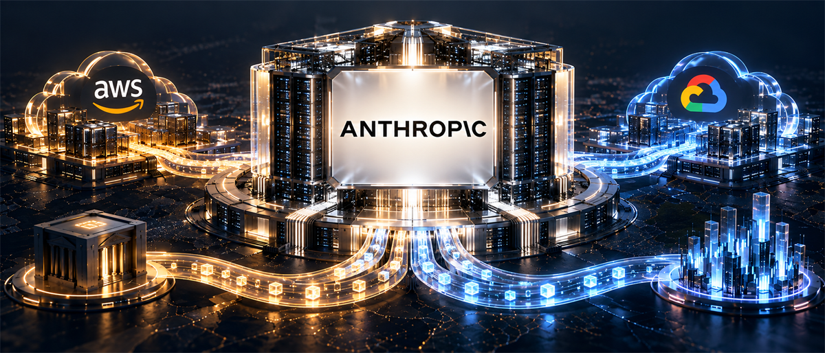 Illustration of a data center labeled Anthropic connected by glowing network lines to AWS and Google Cloud logos.