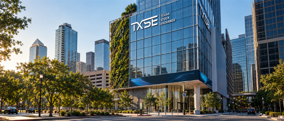 Exterior view of the Texas Stock Exchange (TXSE) building with glass facade, greenery, and city skyline in background.