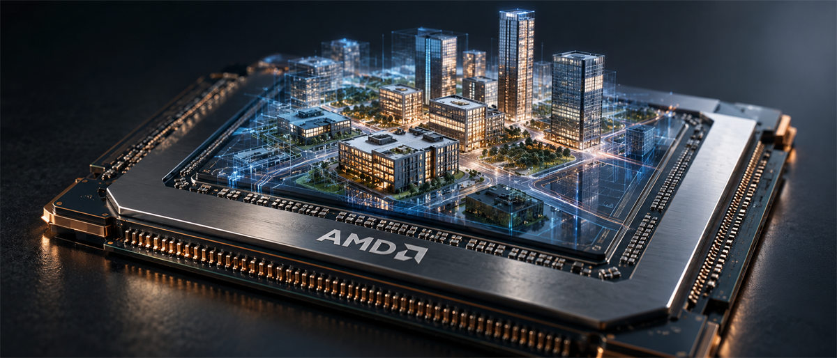 Conceptual image of an AMD processor chip with a miniature illuminated city rendered on its surface.