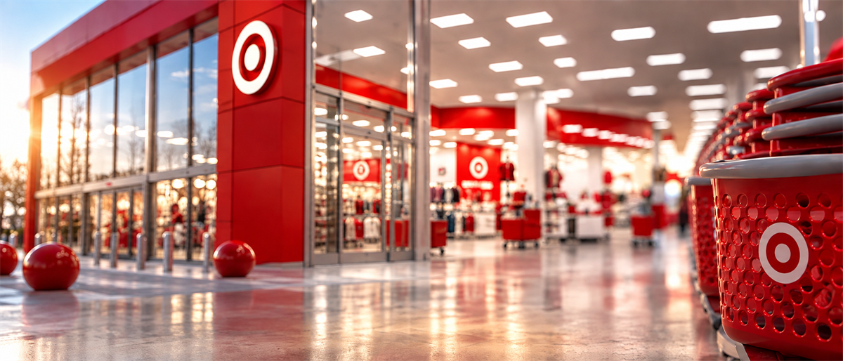 Exterior and interior view of a Target store entrance with its logo, shopping carts, and storefront windows.