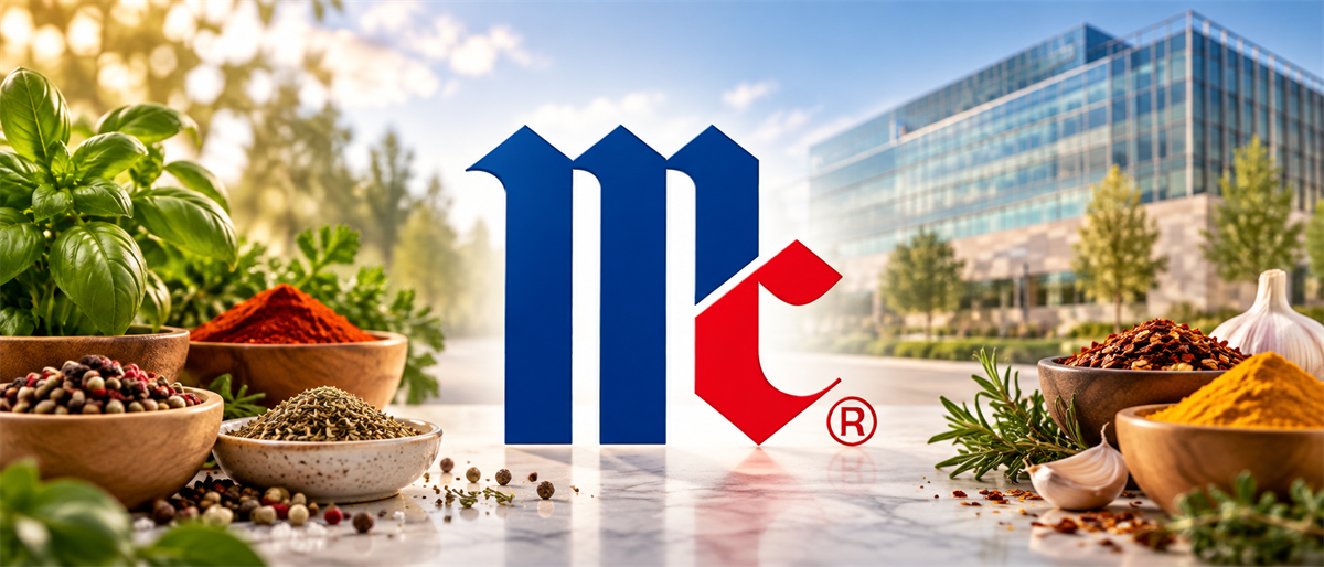 McCormick & Company logo displayed over bowls of spices and herbs with a glass office building in the background.
