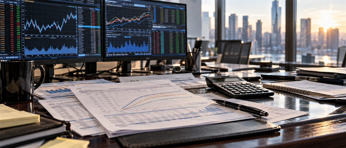 Office desk with dual computer monitors showing stock charts, printed financial reports, a calculator, and pen near city skyline windows.