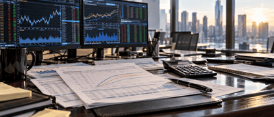 Office desk with dual computer monitors showing stock charts, printed financial reports, a calculator, and pen near city skyline windows.