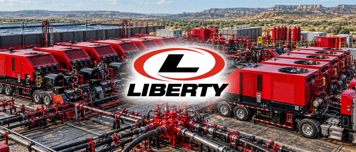 Liberty Energy logo overlaid on rows of red hydraulic fracturing equipment and pipelines at an oilfield site.