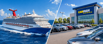 Split image showing a Carnival cruise ship at sea alongside a CarMax dealership lot with used cars displayed.