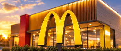 McDonald's golden arches logo illuminated at dusk in front of a modern restaurant building.