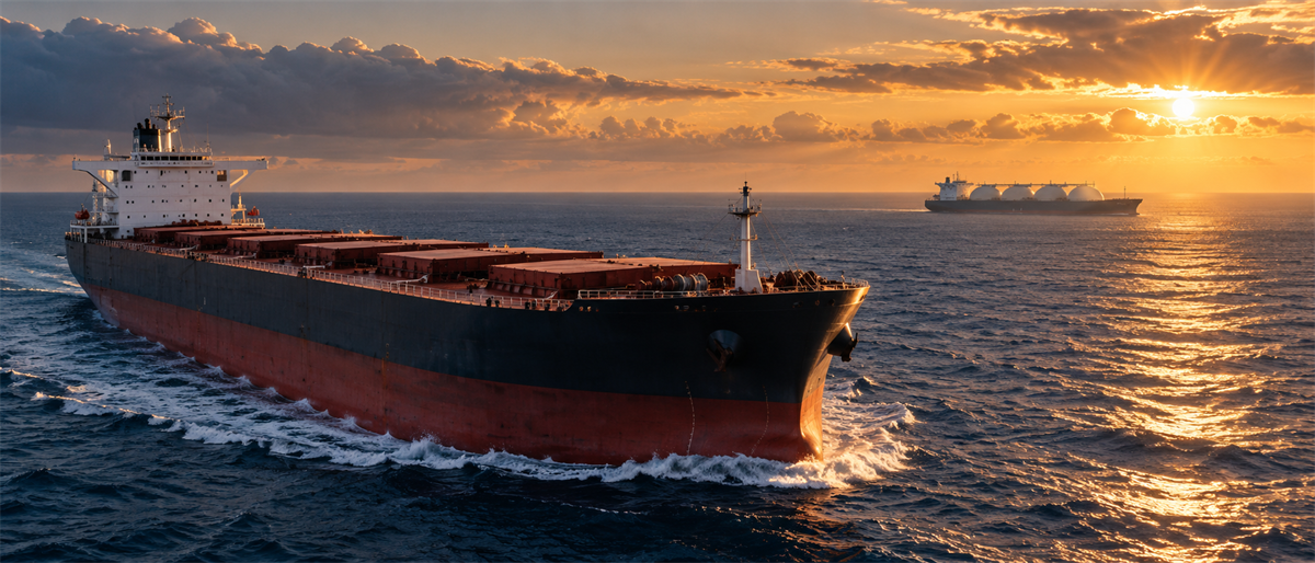 A bulk carrier cargo ship sails at sunset with an LNG tanker visible in the background at sea.