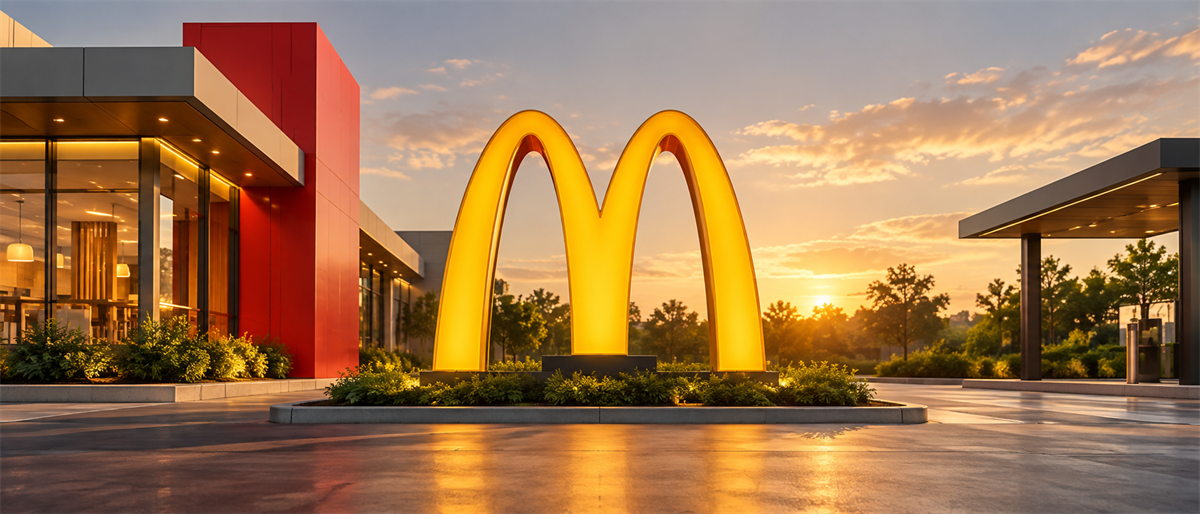 Illuminated golden arches logo of McDonald's stands outside a modern restaurant building at sunset.