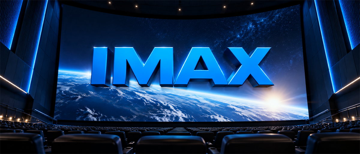 Theater auditorium with large curved screen displaying the IMAX logo over an image of Earth from space.