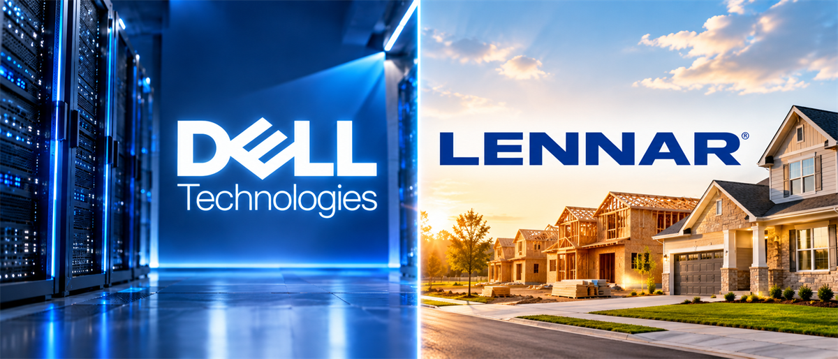 Split image showing the Dell Technologies logo in a server room and the Lennar logo over a housing construction site.
