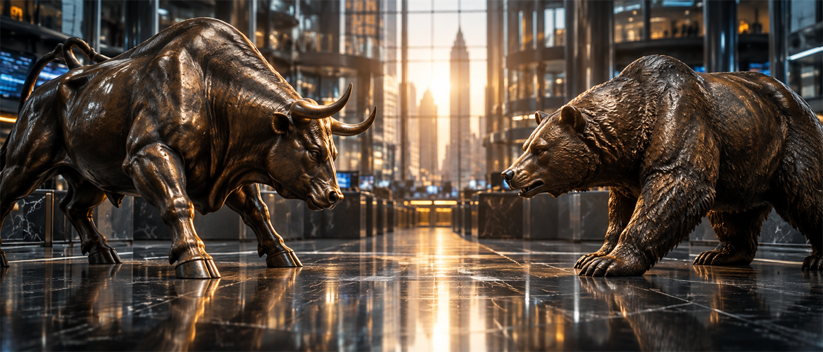 Bronze bull and bear statues face off on a reflective marble floor with a city skyline background.