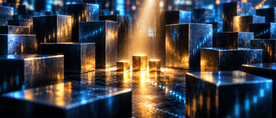 Illustration of dark reflective blocks etched with candlestick stock charts, lit by glowing golden light sources.