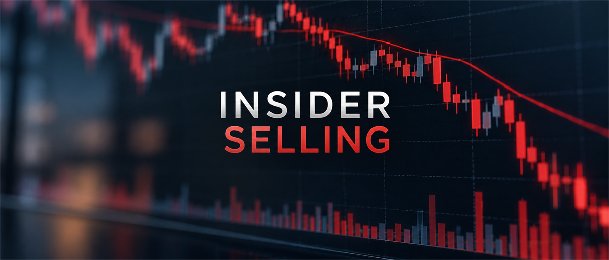 Declining red candlestick stock chart with a downward trend line beside the text "Insider Selling".