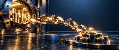 Illustration of gold coins flowing from an open bank vault onto a stack of coins outside.