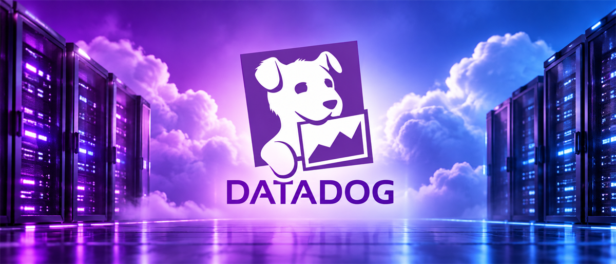Datadog logo displayed between rows of illuminated server racks in a purple-toned data center setting.