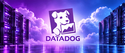 Datadog logo displayed between rows of illuminated server racks in a purple-toned data center setting.