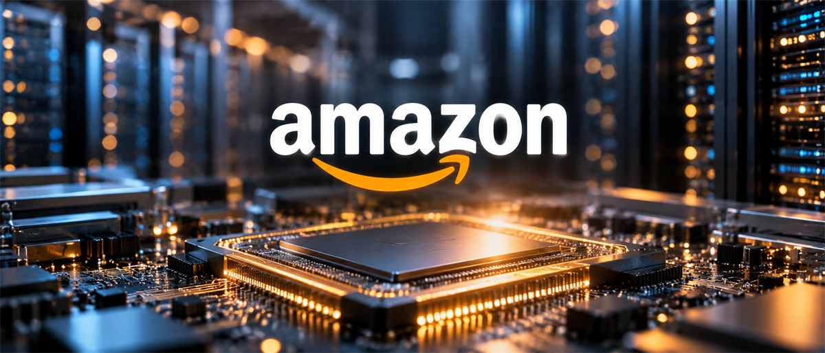 Amazon logo displayed over a close-up of a computer chip on a circuit board in a data center.