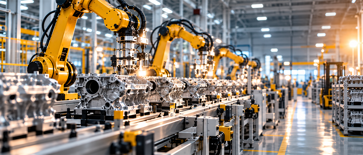 Yellow robotic arms assemble metal engine blocks along an automated production line in a manufacturing facility.