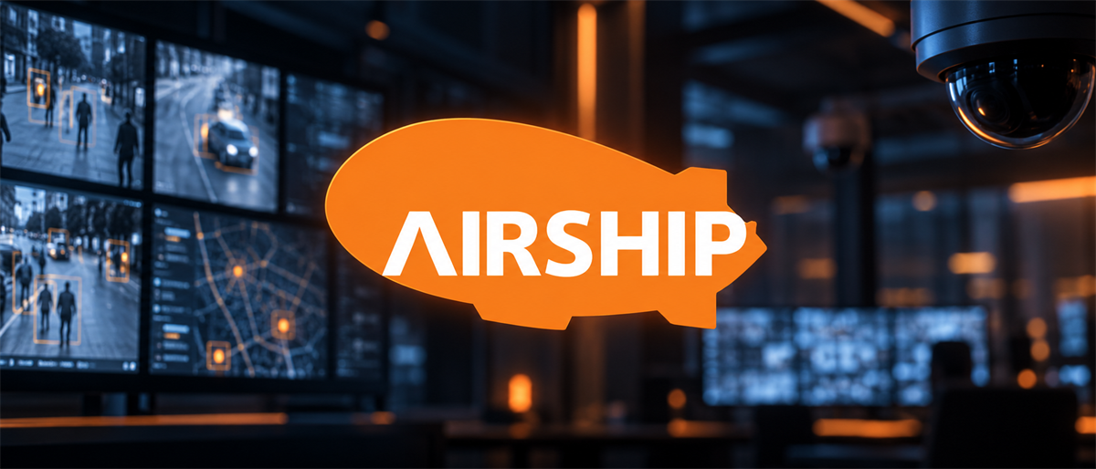 Airship logo in orange blimp shape overlaid on a blurred security monitoring room with surveillance camera feeds and a dome camera.