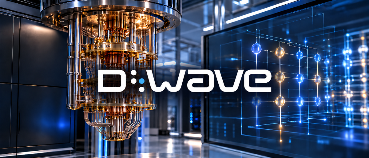 D-Wave logo overlaid on a quantum computing chandelier device and a digital network of connected nodes.