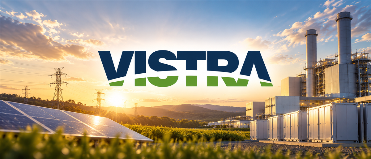Vistra logo over a power plant, solar panels, and transmission towers at sunset.