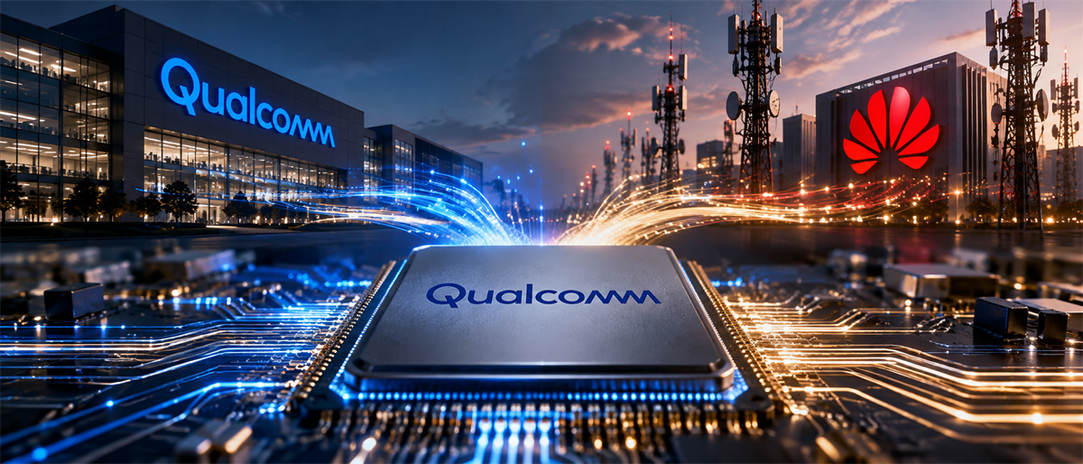 Qualcomm logo on a semiconductor chip and office building, with Huawei logo and cell towers in the background.