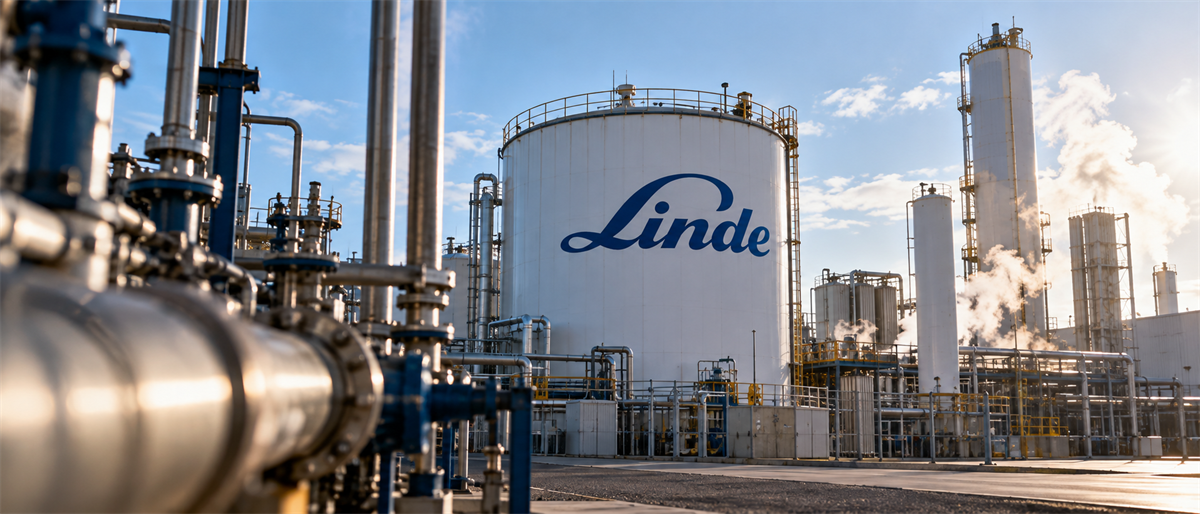 Industrial gas plant with storage tank bearing the Linde logo, surrounded by pipelines and processing towers.