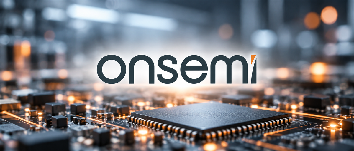 Onsemi logo displayed over a close-up image of a semiconductor chip on a circuit board.