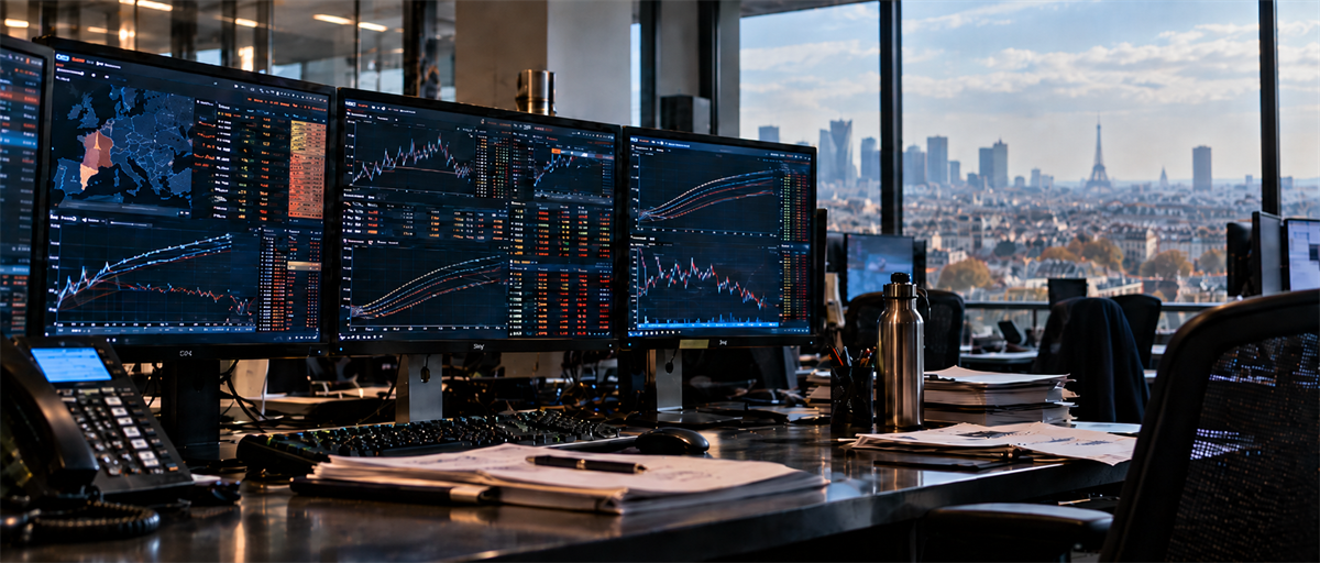 Multi-monitor trading desk displaying stock charts and financial data, overlooking a city skyline through large windows.