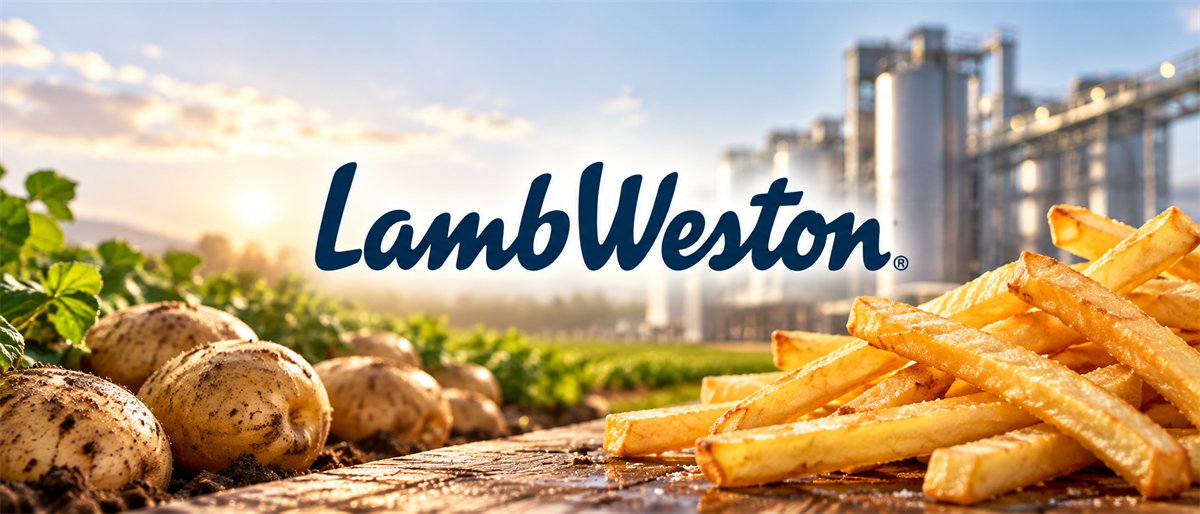 Lamb Weston logo with raw potatoes, cut french fries, and a processing plant in the background.