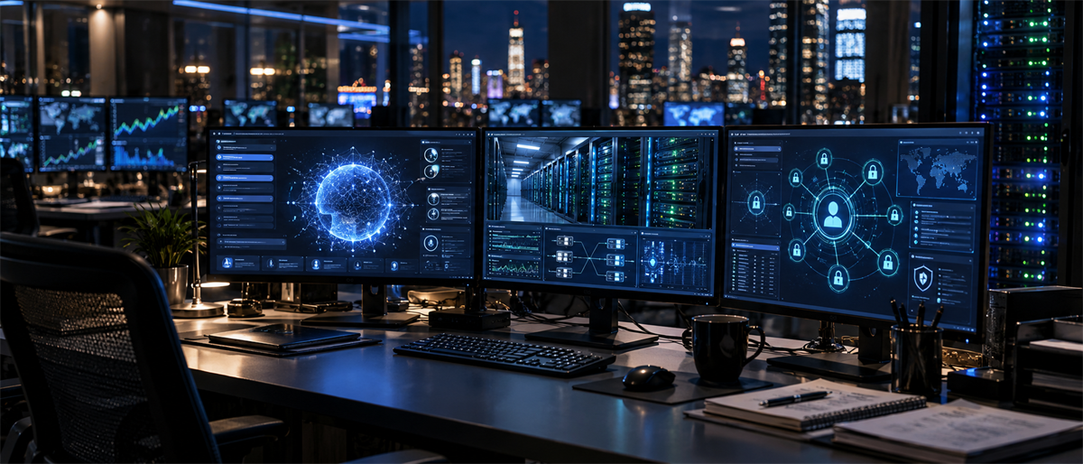 Desk with multiple monitors displaying network security, data server, and cybersecurity dashboards in a dark office at night.