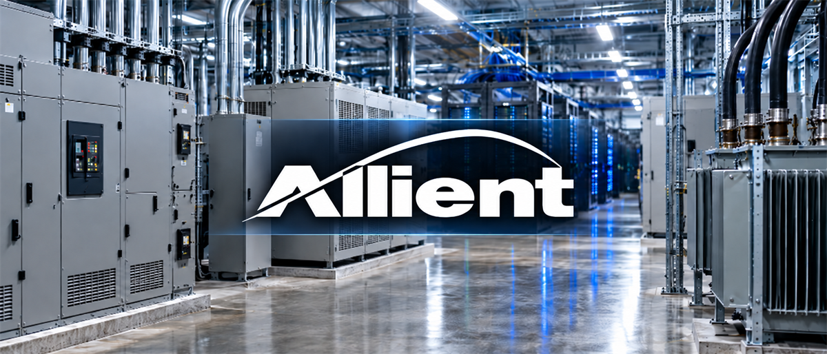 Allient logo overlaid on an industrial facility with electrical equipment, cabinets, and server racks.