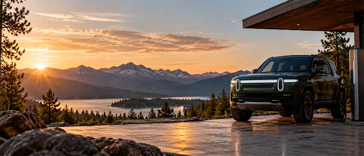 A dark green Rivian electric SUV parked under a carport overlooking mountains and a lake at sunset.