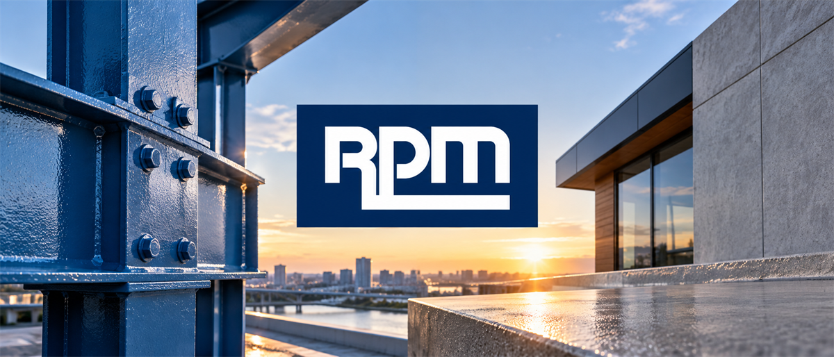 RPM International logo displayed over a construction scene with steel beams and a modern building exterior at sunset.