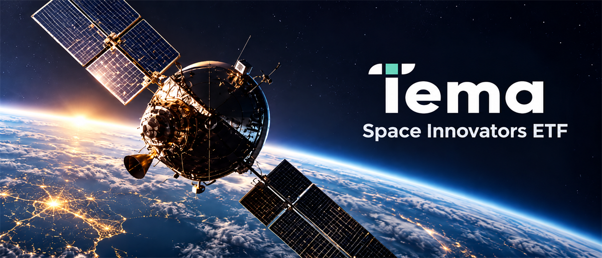 Satellite orbiting Earth above city lights, alongside the Tema Space Innovators ETF logo.