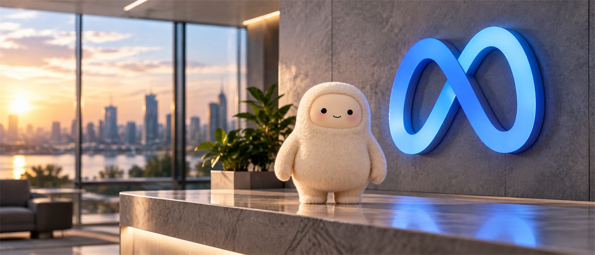 Illustrated plush character stands on a lobby counter beside Meta's illuminated infinity logo with a city skyline backdrop.