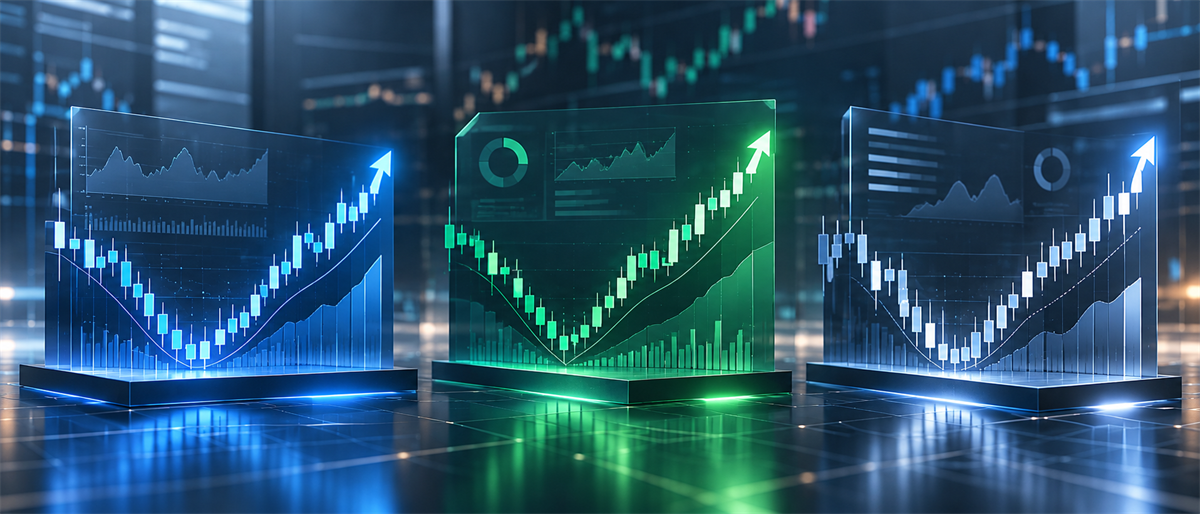 Illustration of three glowing digital panels displaying upward-trending candlestick stock charts in blue and green tones.